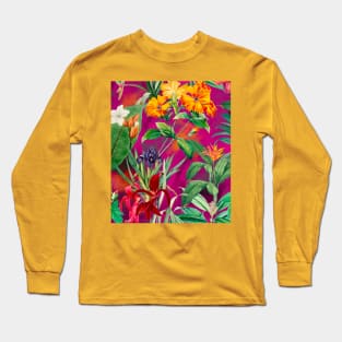 Colorful tropical floral leaves botanical illustration, tropical plants,leaves and flowers, red pink leaves pattern Long Sleeve T-Shirt